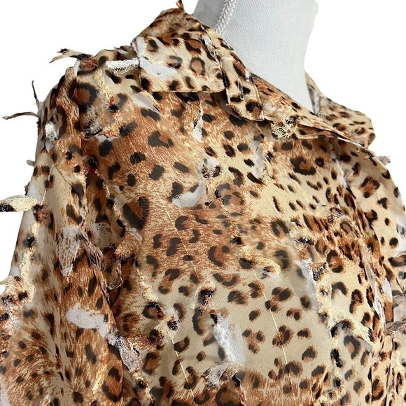 Feratelli Vintage Textured Frayed Leopard Cheetah Blouse Medium Sheer 3/4 Sleeve - Picture 4 of 10